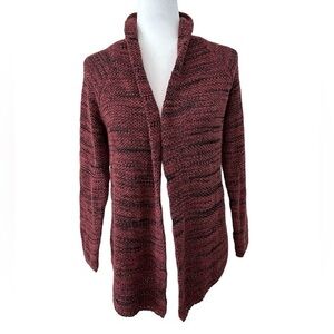 NIC + ZOE BOUCLE RED BLACK HEATHER OPEN CARDIGAN COTTON NYLON WOOL SWEATER